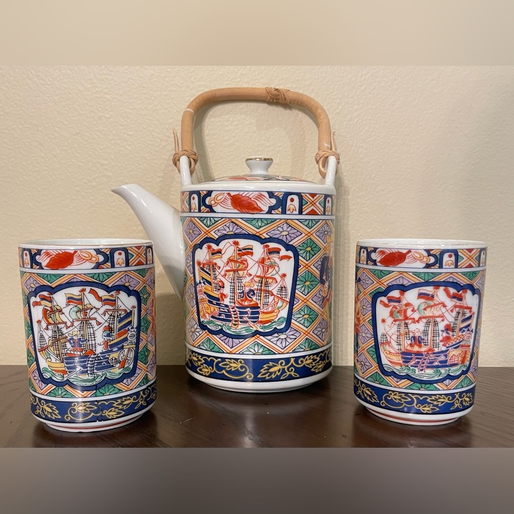 Vintage Porcelain Japanese Ship Design Teapot with 2 Cups Set